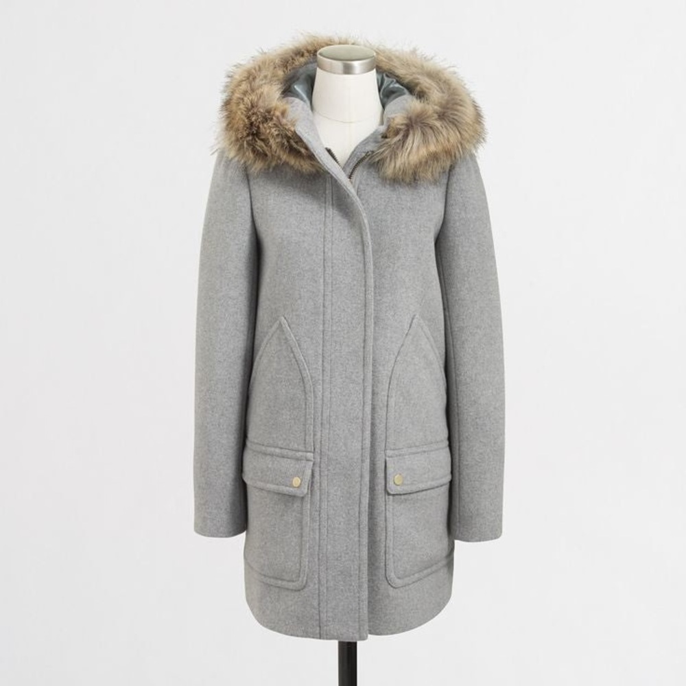J. Crew Factory Vail Parka Light Gray Faux Fur Hood Wool Blend Coat Size 00